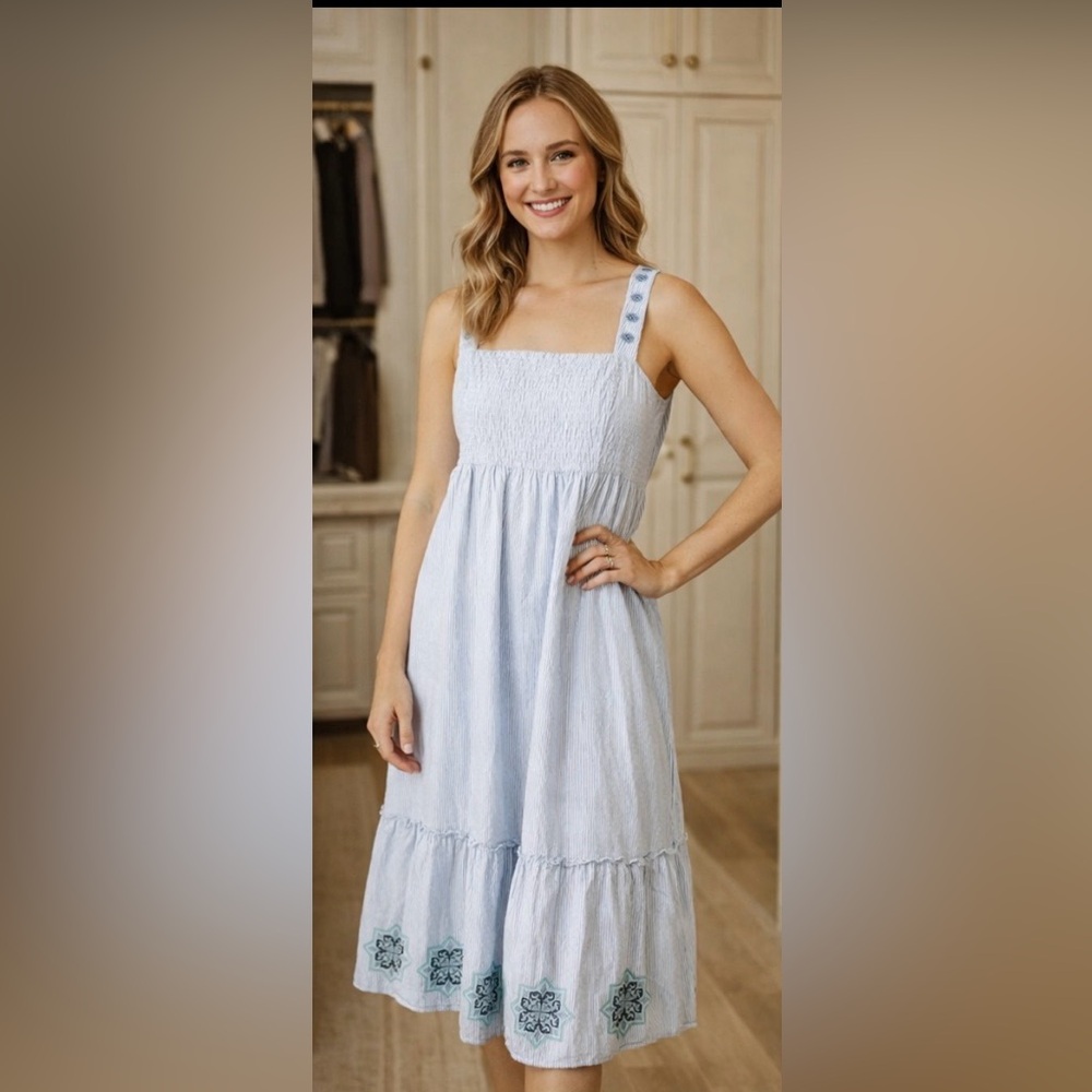 Southern Tide Light Blue Smocked Midi Dress with Embroidered Hem - Picture 2 of 4
